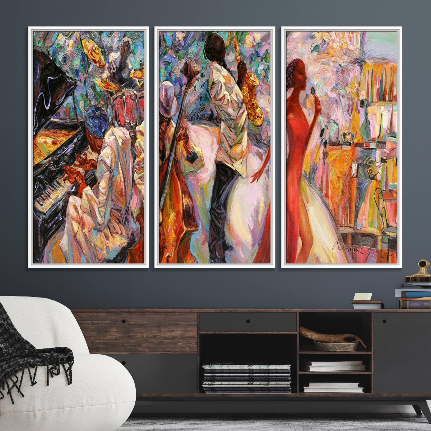 40574-MGV-FC-48X32-3P_White-Afro American Jazz Band Canvas Wall Art | 3 Panel Music Printing for Living Room
