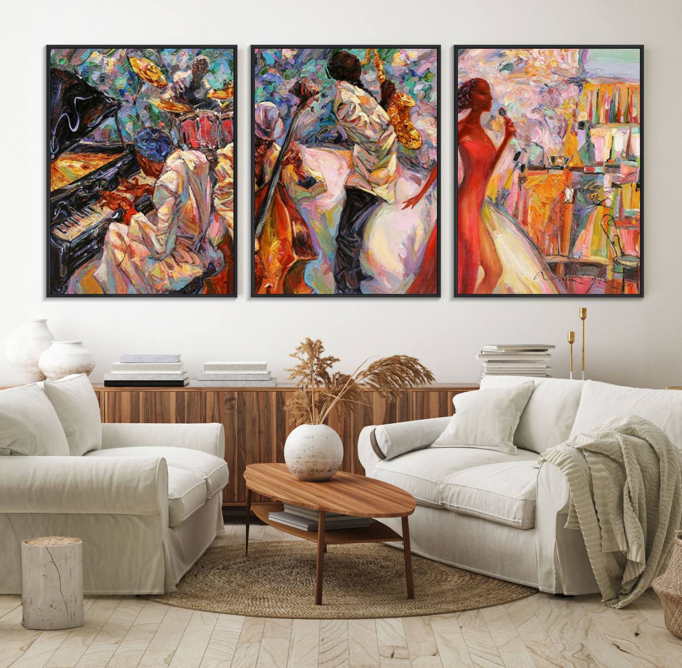 40574-MGV-FC-60X30-3P_Black-Afro American Jazz Band Canvas Wall Art | 3 Panel Music Printing for Living Room