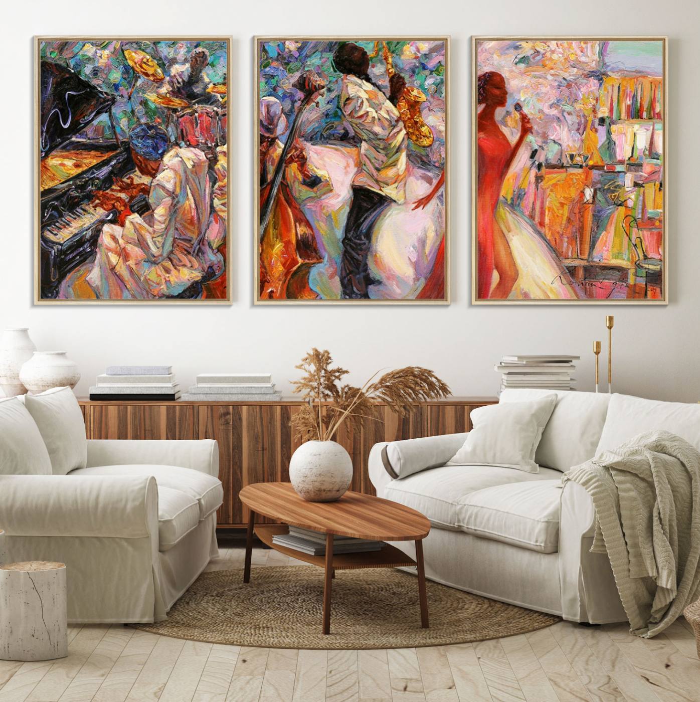 40574-MGV-FC-60X30-3P_Natural-Afro American Jazz Band Canvas Wall Art | 3 Panel Music Printing for Living Room