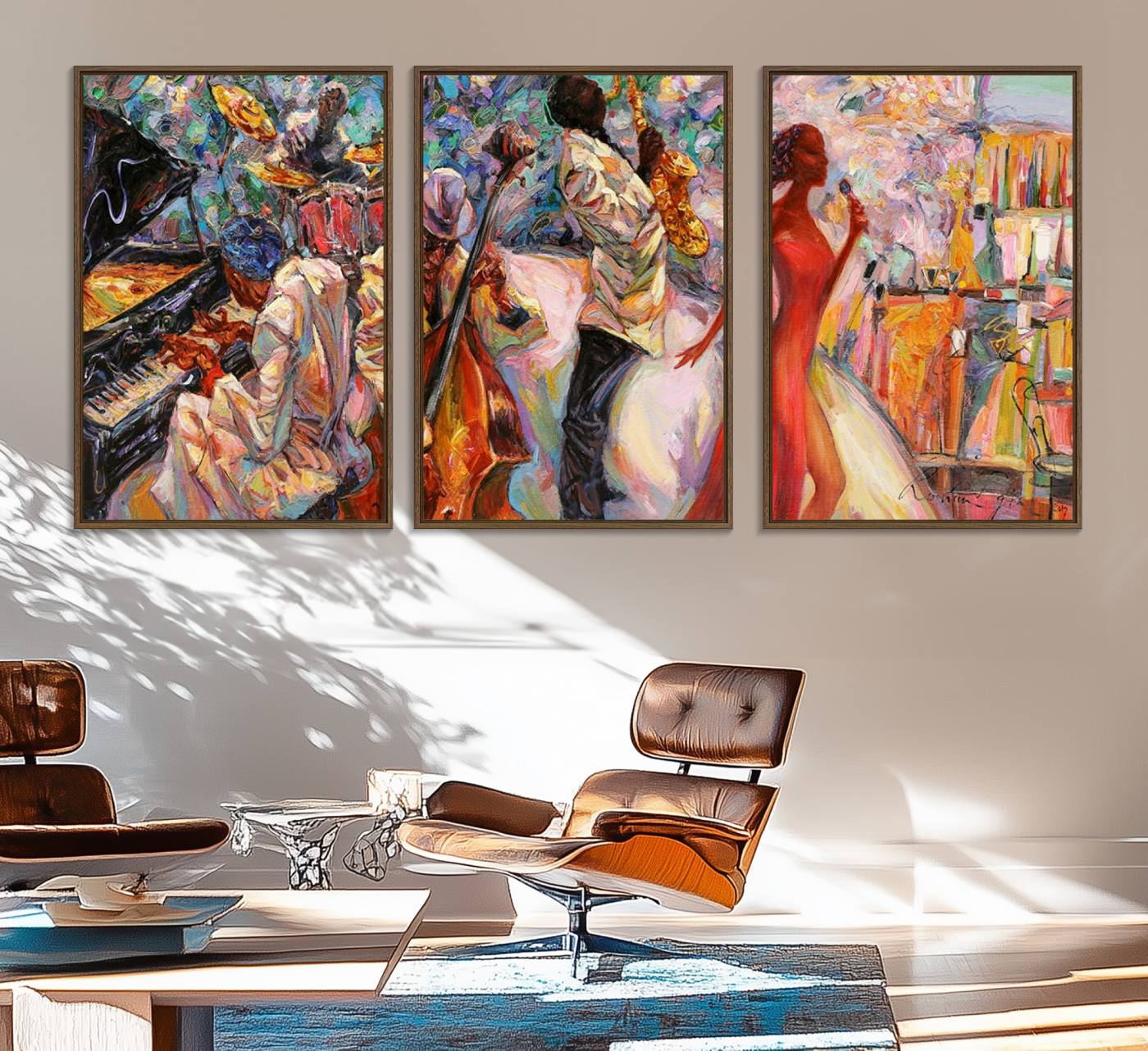 40574-MGV-FC-60X30-3P_Walnut-Afro American Jazz Band Canvas Wall Art | 3 Panel Music Printing for Living Room