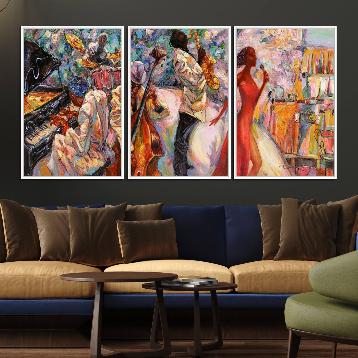 40574-MGV-FC-60X30-3P_White-Afro American Jazz Band Canvas Wall Art | 3 Panel Music Printing for Living Room