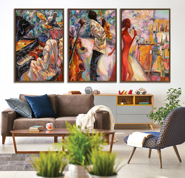 Afro American Jazz Band Canvas Wall Art | 3 Panel Music Printing for Living Room