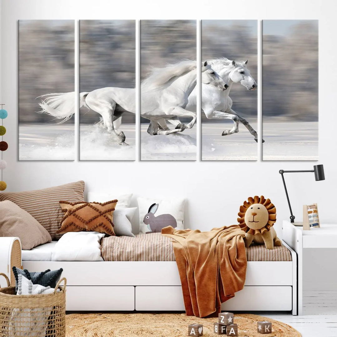 The "All The White Horses Wall Art Canvas Print" depicts a triptych of galloping white horses across a snowy landscape. These museum-quality canvases come with a UV-protective coating to maintain their stunning appearance over time.