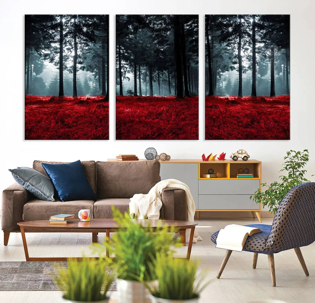 Hanging on the wall is the "Alluring Forest with Red Leaves" canvas print, crafted in museum-quality materials with a UV-protective coating to ensure its vibrant longevity.