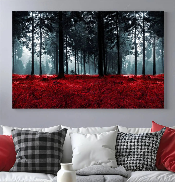 Hanging on the wall is the "Alluring Forest with Red Leaves" canvas print, crafted in museum-quality materials with a UV-protective coating to ensure its vibrant longevity.