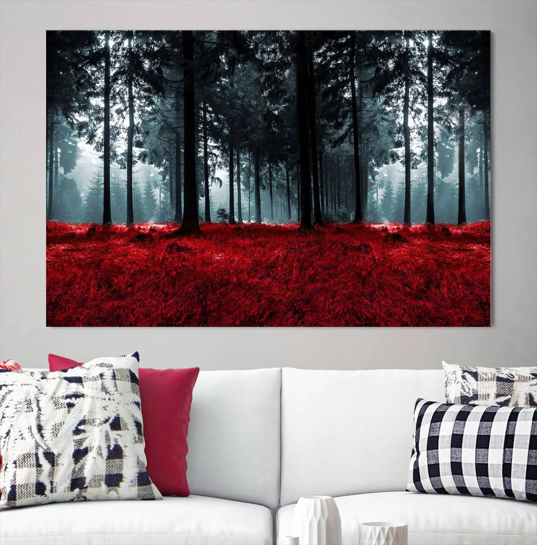 Hanging on the wall is the "Alluring Forest with Red Leaves" canvas print, crafted in museum-quality materials with a UV-protective coating to ensure its vibrant longevity.