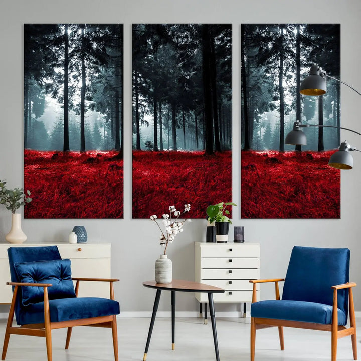 Hanging on the wall is the "Alluring Forest with Red Leaves" canvas print, crafted in museum-quality materials with a UV-protective coating to ensure its vibrant longevity.