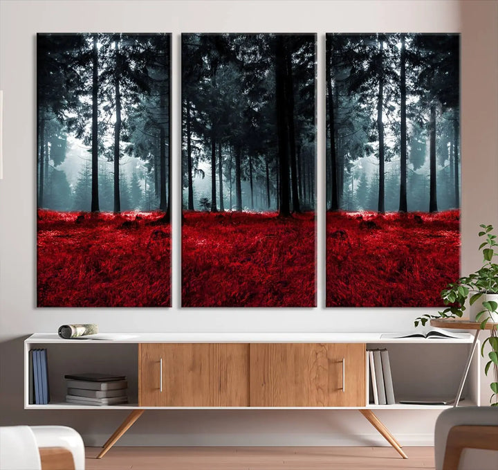 Hanging on the wall is the "Alluring Forest with Red Leaves" canvas print, crafted in museum-quality materials with a UV-protective coating to ensure its vibrant longevity.