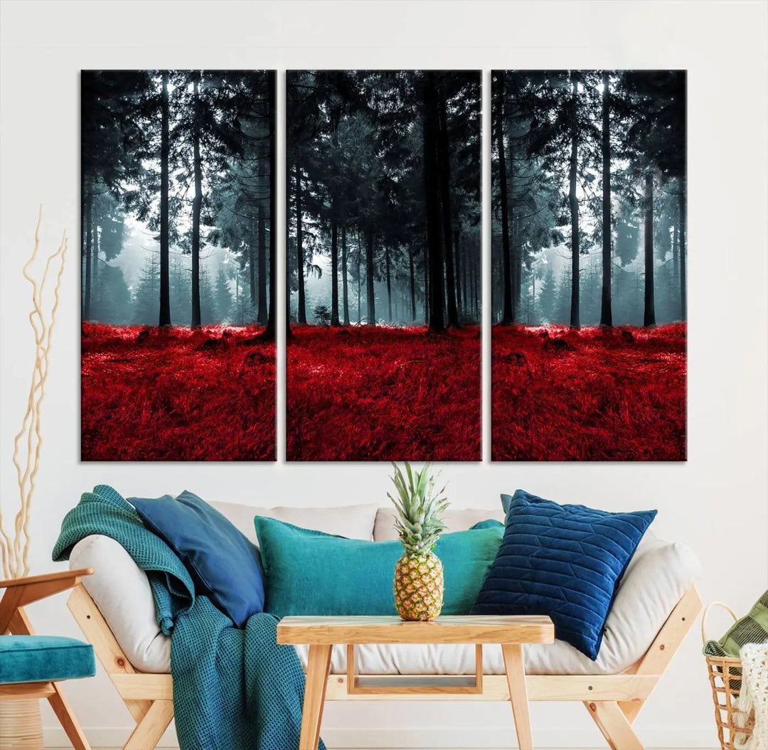 Hanging on the wall is the "Alluring Forest with Red Leaves" canvas print, crafted in museum-quality materials with a UV-protective coating to ensure its vibrant longevity.