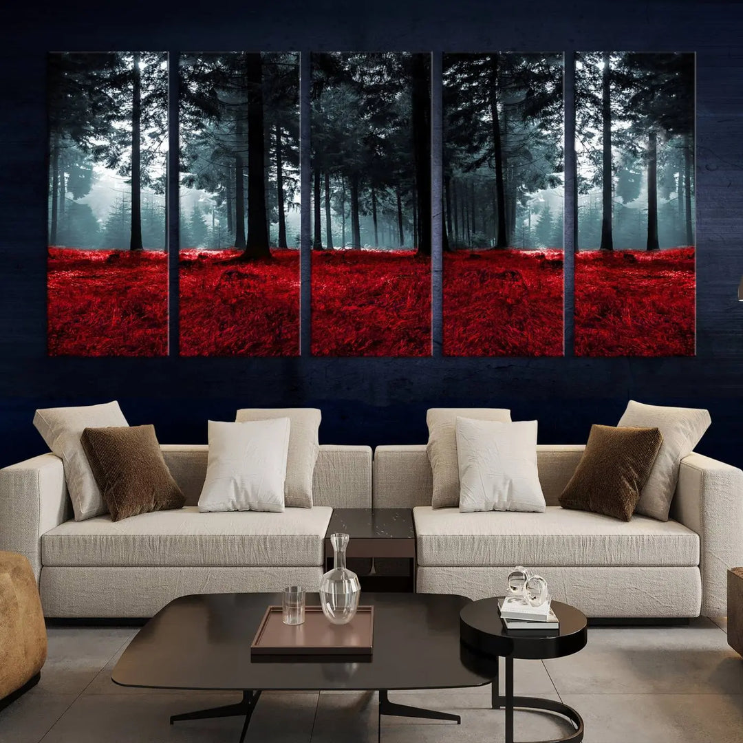 Hanging on the wall is the "Alluring Forest with Red Leaves" canvas print, crafted in museum-quality materials with a UV-protective coating to ensure its vibrant longevity.