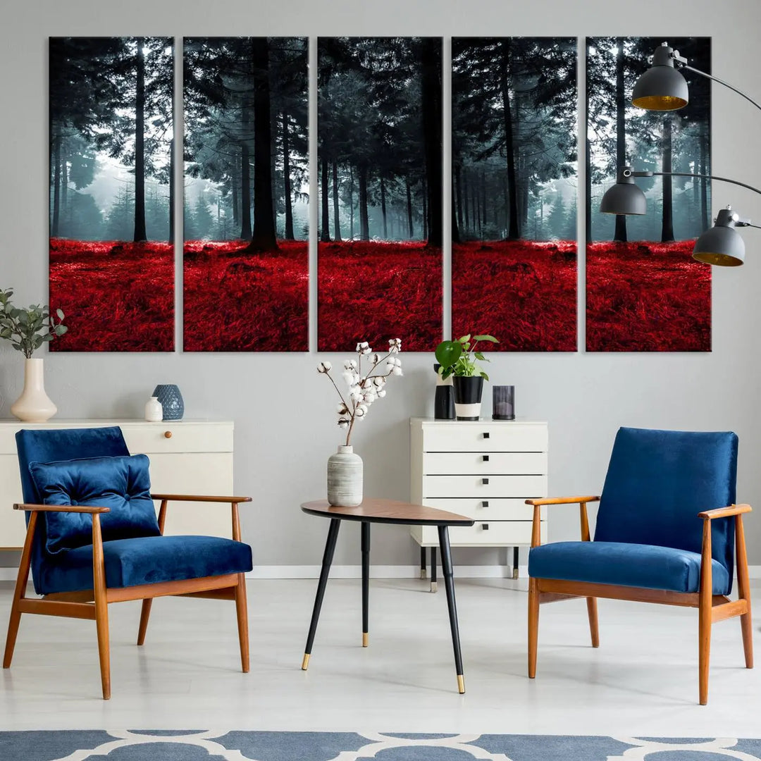 Hanging on the wall is the "Alluring Forest with Red Leaves" canvas print, crafted in museum-quality materials with a UV-protective coating to ensure its vibrant longevity.