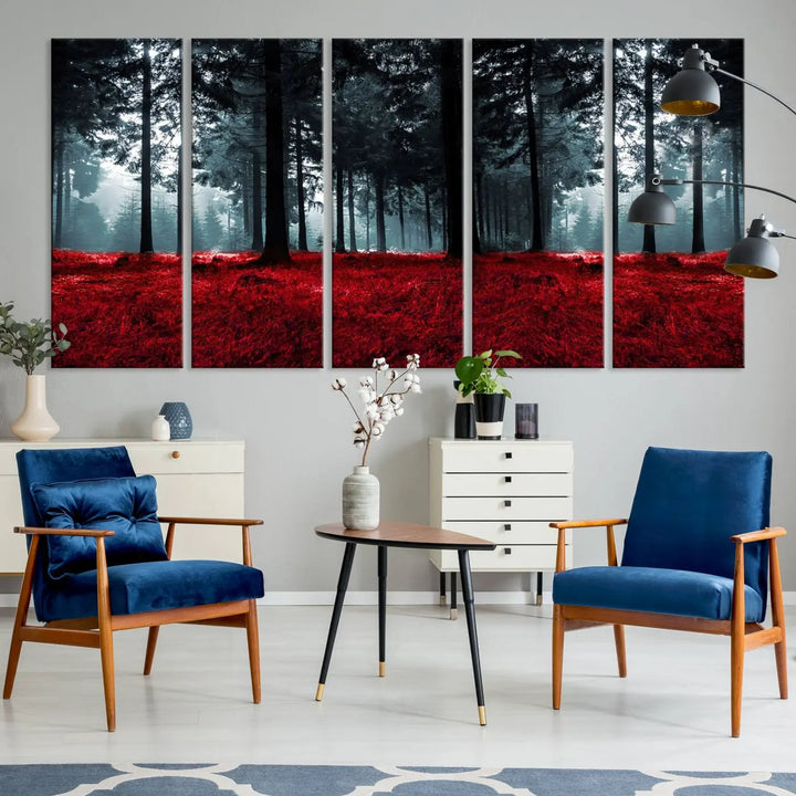 Hanging on the wall is the "Alluring Forest with Red Leaves" canvas print, crafted in museum-quality materials with a UV-protective coating to ensure its vibrant longevity.