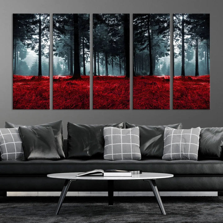 Hanging on the wall is the "Alluring Forest with Red Leaves" canvas print, crafted in museum-quality materials with a UV-protective coating to ensure its vibrant longevity.