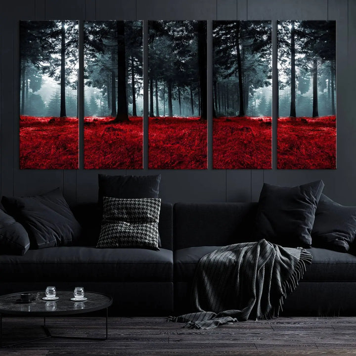 Hanging on the wall is the "Alluring Forest with Red Leaves" canvas print, crafted in museum-quality materials with a UV-protective coating to ensure its vibrant longevity.