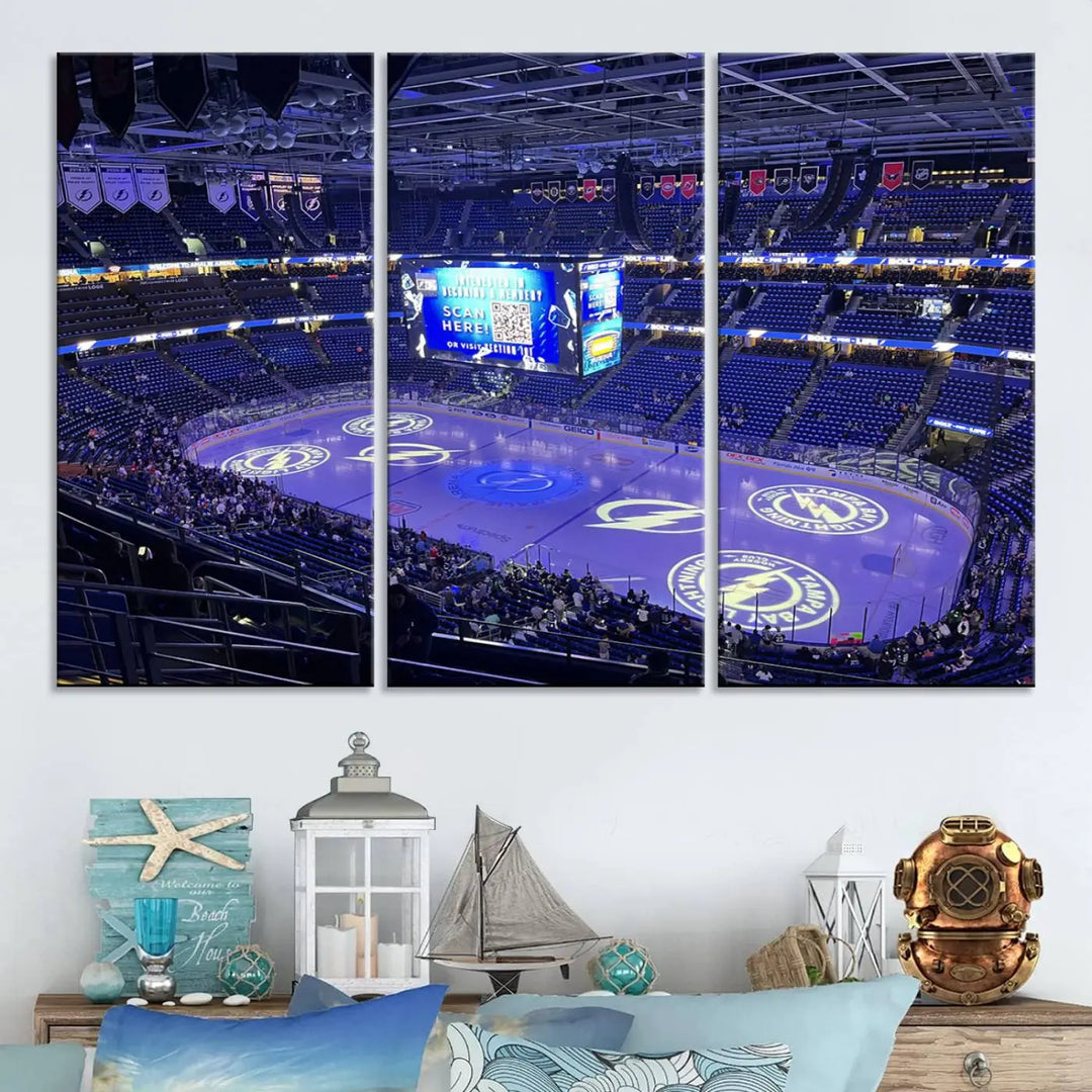 The Amalie Arena Florida Wall Art Canvas Print, featuring an NHL hockey stadium, is elegantly displayed.