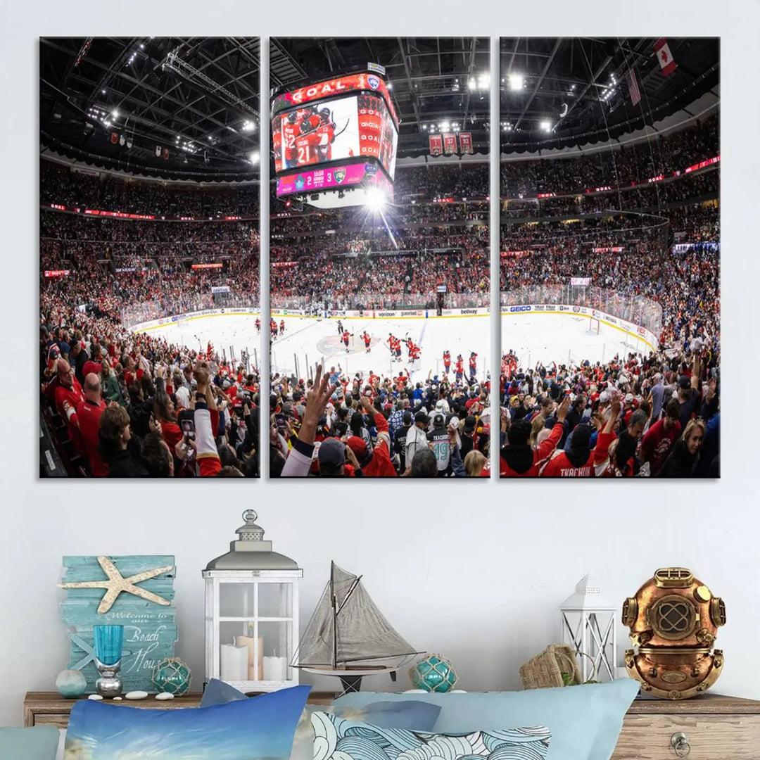 Triptych canvas of a lively basketball game at Amerant Bank Arena, featuring cheering fans.