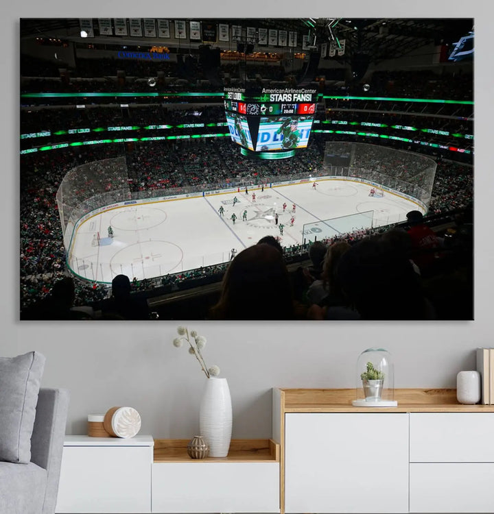 The American Airlines Center Dallas Stars Wall Art Canvas Print brings a living room to life. This three-panel artwork captures the vibrant energy of a hockey game in a packed Dallas Hockey Arena Stadium. Crafted on museum-quality canvas, its high-resolution printing vividly portrays the scene and is ready to hang, instantly infusing excitement and elegance into your space.