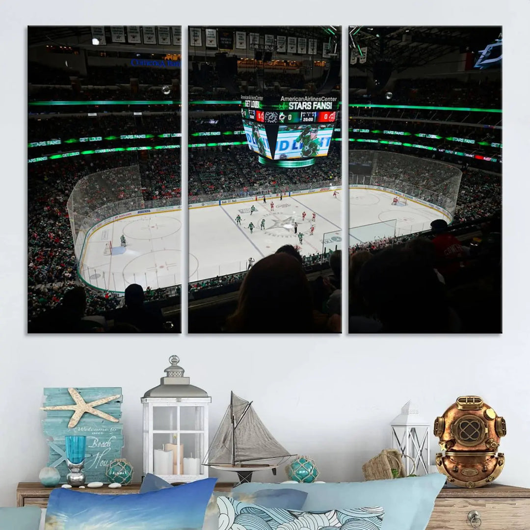 The American Airlines Center Dallas Stars Wall Art Canvas Print brings a living room to life. This three-panel artwork captures the vibrant energy of a hockey game in a packed Dallas Hockey Arena Stadium. Crafted on museum-quality canvas, its high-resolution printing vividly portrays the scene and is ready to hang, instantly infusing excitement and elegance into your space.