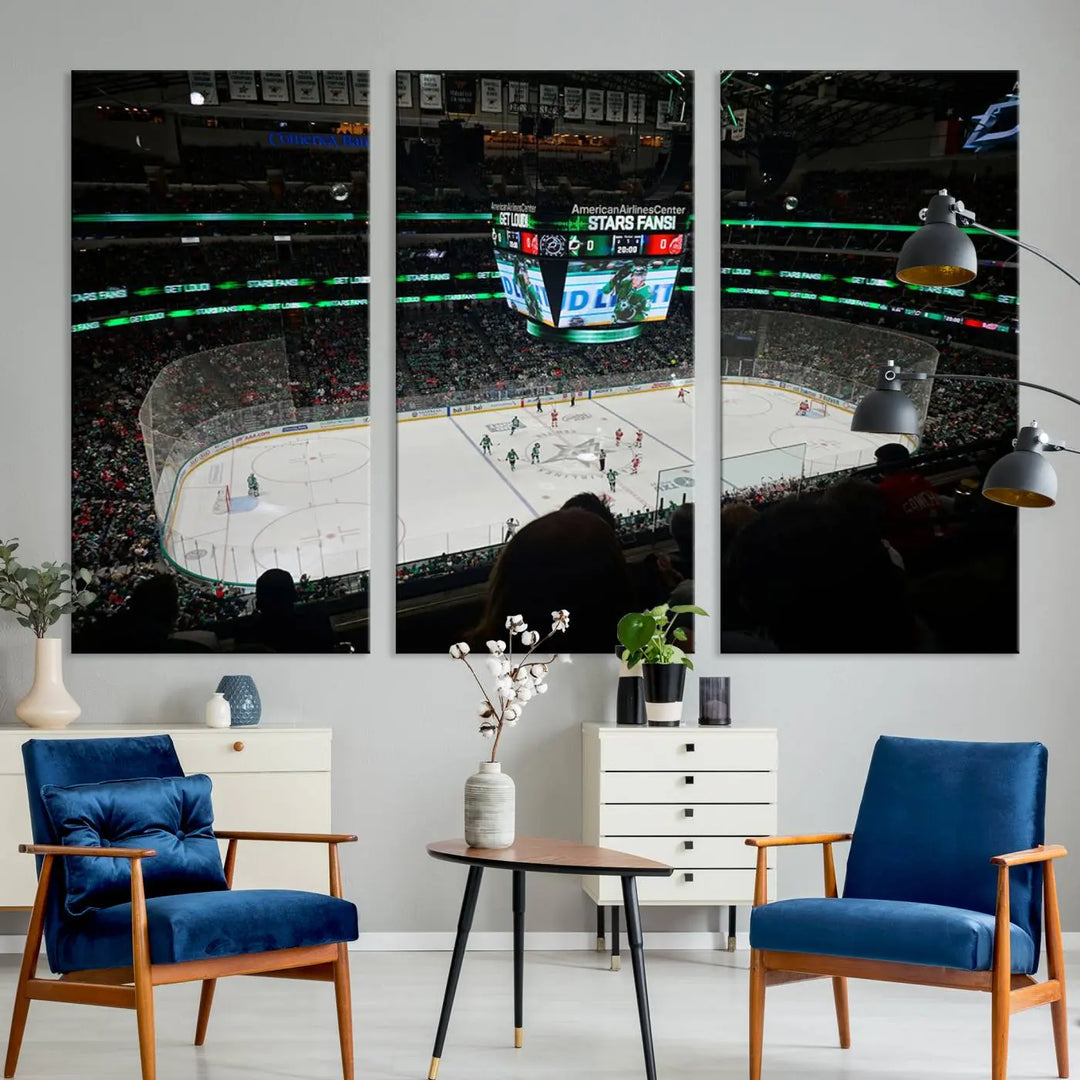 The American Airlines Center Dallas Stars Wall Art Canvas Print brings a living room to life. This three-panel artwork captures the vibrant energy of a hockey game in a packed Dallas Hockey Arena Stadium. Crafted on museum-quality canvas, its high-resolution printing vividly portrays the scene and is ready to hang, instantly infusing excitement and elegance into your space.