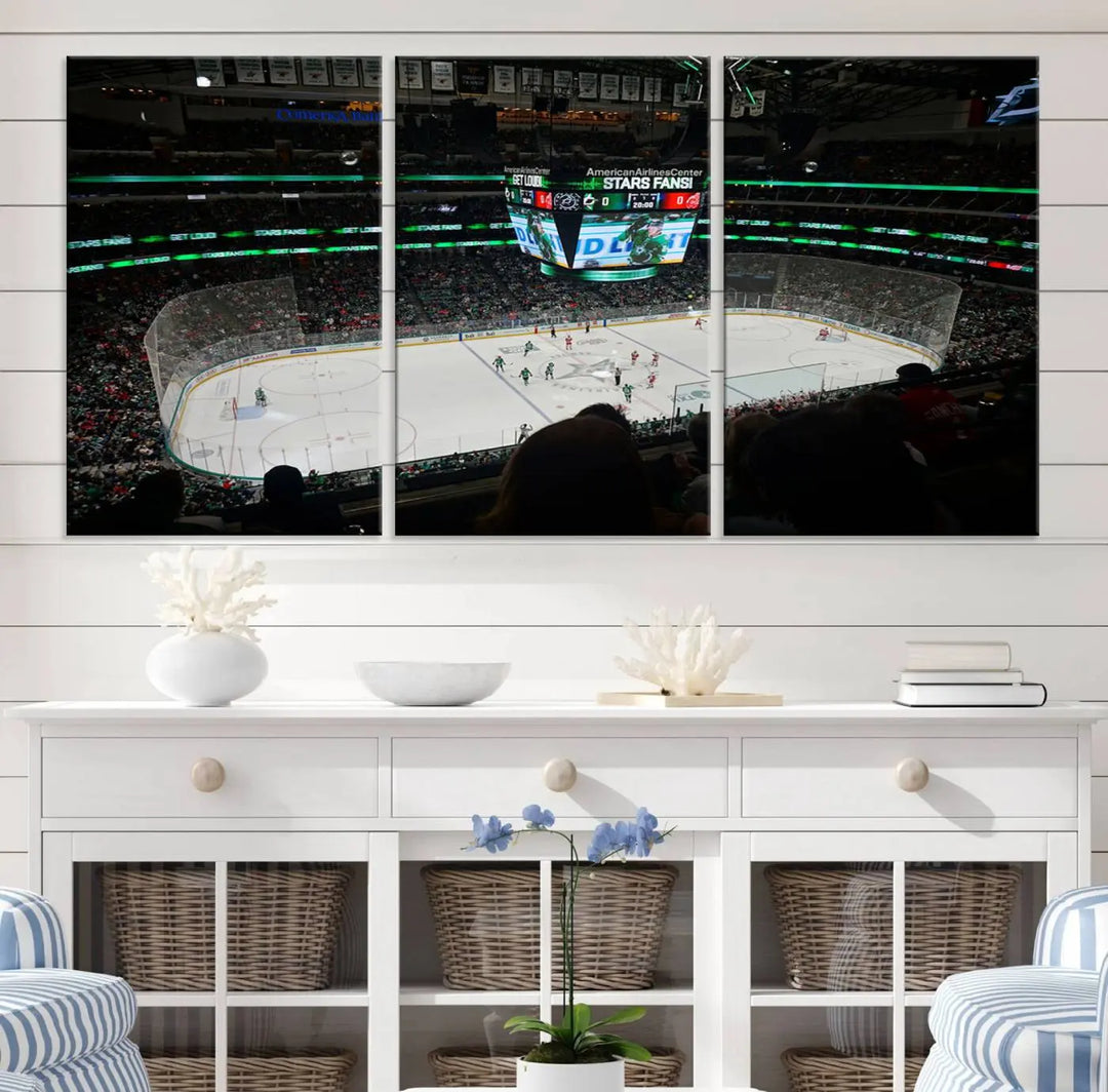 The American Airlines Center Dallas Stars Wall Art Canvas Print brings a living room to life. This three-panel artwork captures the vibrant energy of a hockey game in a packed Dallas Hockey Arena Stadium. Crafted on museum-quality canvas, its high-resolution printing vividly portrays the scene and is ready to hang, instantly infusing excitement and elegance into your space.