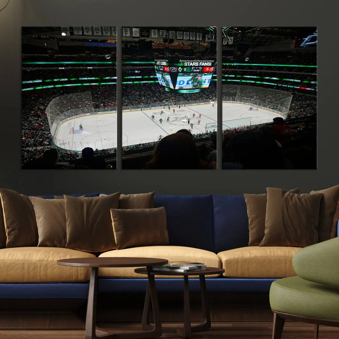 The American Airlines Center Dallas Stars Wall Art Canvas Print brings a living room to life. This three-panel artwork captures the vibrant energy of a hockey game in a packed Dallas Hockey Arena Stadium. Crafted on museum-quality canvas, its high-resolution printing vividly portrays the scene and is ready to hang, instantly infusing excitement and elegance into your space.