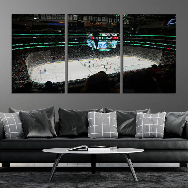 The American Airlines Center Dallas Stars Wall Art Canvas Print brings a living room to life. This three-panel artwork captures the vibrant energy of a hockey game in a packed Dallas Hockey Arena Stadium. Crafted on museum-quality canvas, its high-resolution printing vividly portrays the scene and is ready to hang, instantly infusing excitement and elegance into your space.