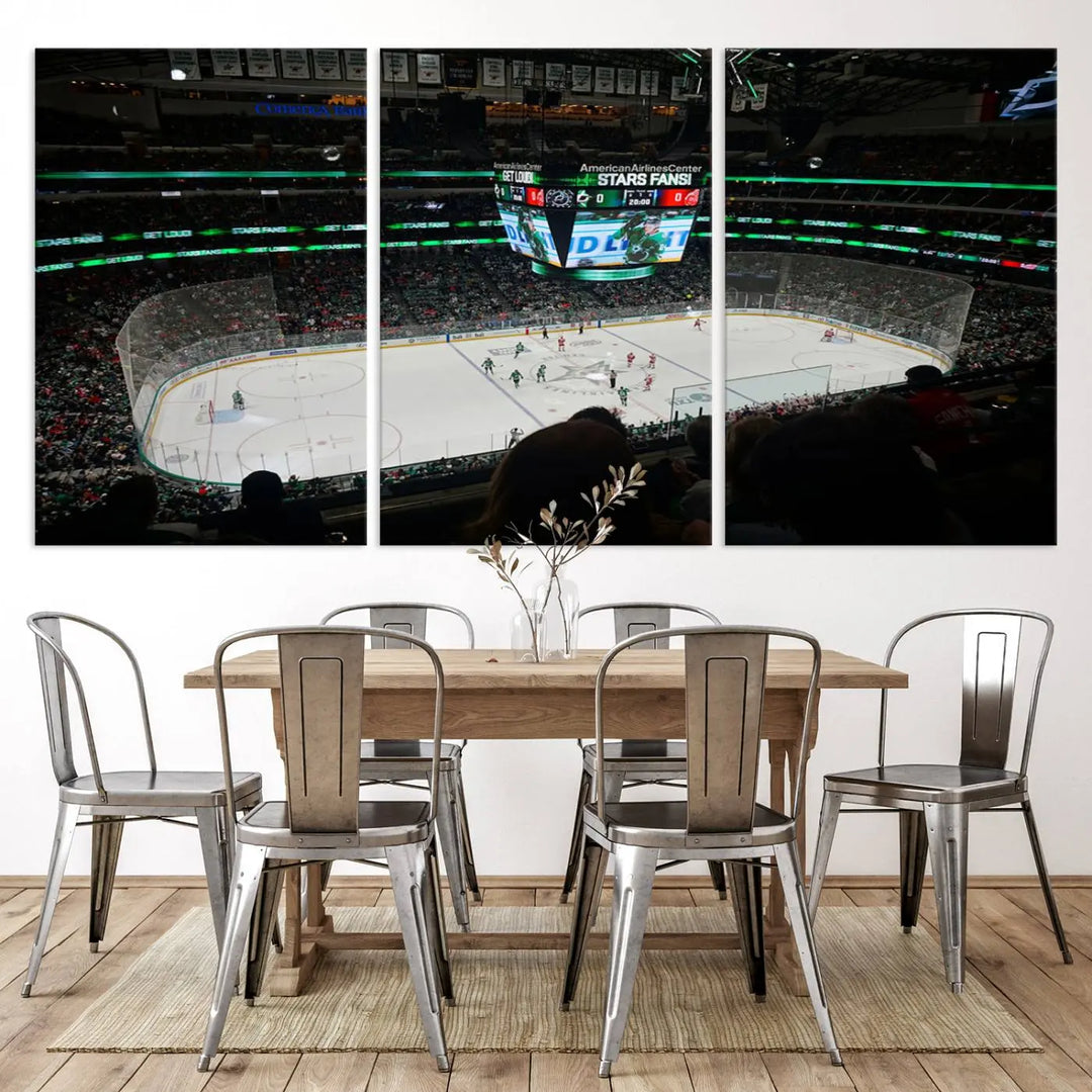 The American Airlines Center Dallas Stars Wall Art Canvas Print brings a living room to life. This three-panel artwork captures the vibrant energy of a hockey game in a packed Dallas Hockey Arena Stadium. Crafted on museum-quality canvas, its high-resolution printing vividly portrays the scene and is ready to hang, instantly infusing excitement and elegance into your space.