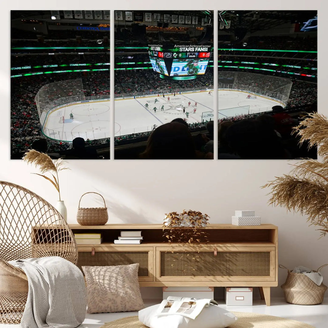 The American Airlines Center Dallas Stars Wall Art Canvas Print brings a living room to life. This three-panel artwork captures the vibrant energy of a hockey game in a packed Dallas Hockey Arena Stadium. Crafted on museum-quality canvas, its high-resolution printing vividly portrays the scene and is ready to hang, instantly infusing excitement and elegance into your space.