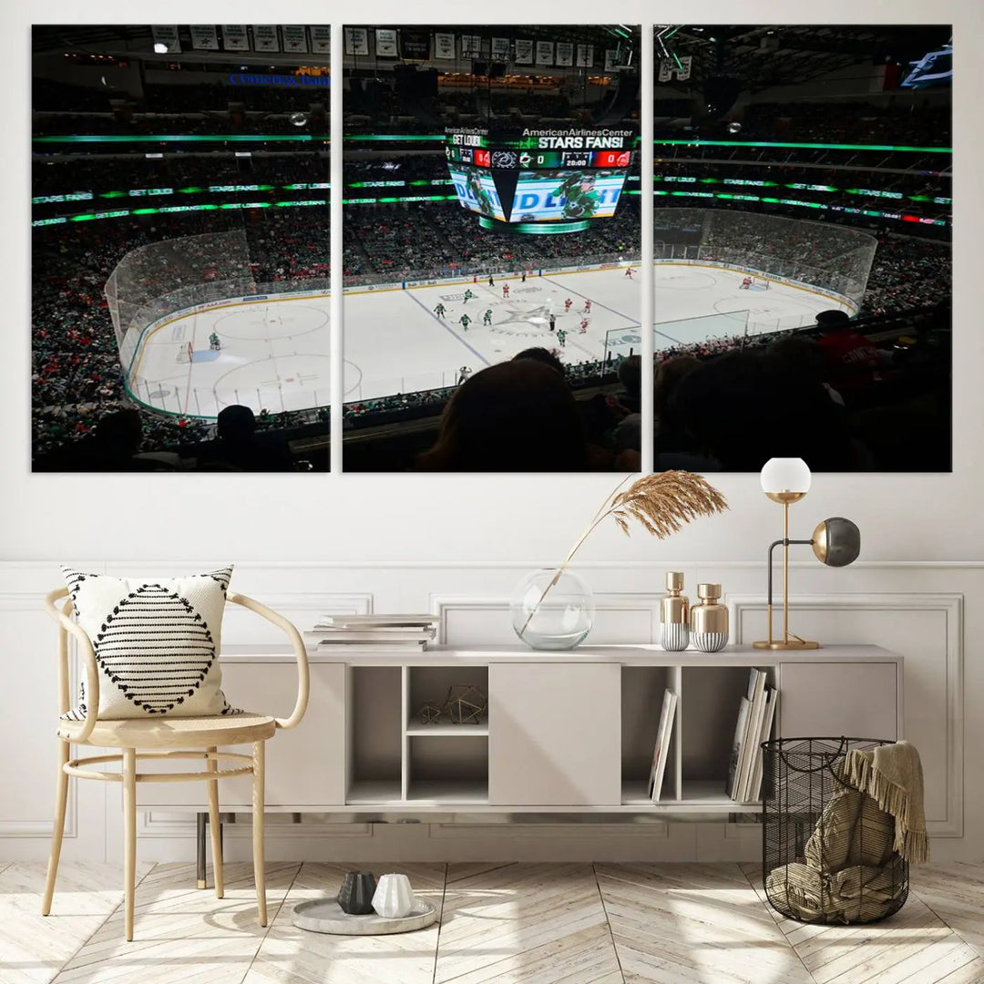 The American Airlines Center Dallas Stars Wall Art Canvas Print brings a living room to life. This three-panel artwork captures the vibrant energy of a hockey game in a packed Dallas Hockey Arena Stadium. Crafted on museum-quality canvas, its high-resolution printing vividly portrays the scene and is ready to hang, instantly infusing excitement and elegance into your space.