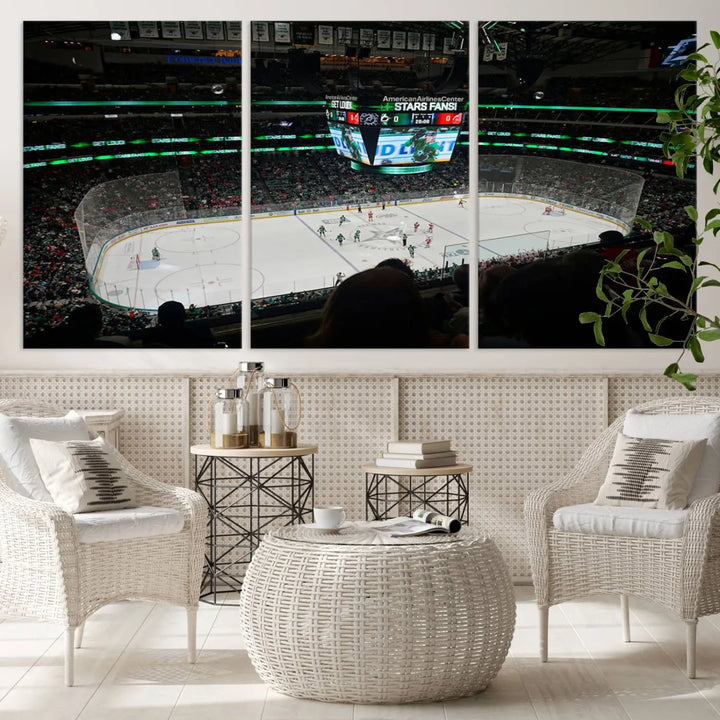 The American Airlines Center Dallas Stars Wall Art Canvas Print brings a living room to life. This three-panel artwork captures the vibrant energy of a hockey game in a packed Dallas Hockey Arena Stadium. Crafted on museum-quality canvas, its high-resolution printing vividly portrays the scene and is ready to hang, instantly infusing excitement and elegance into your space.