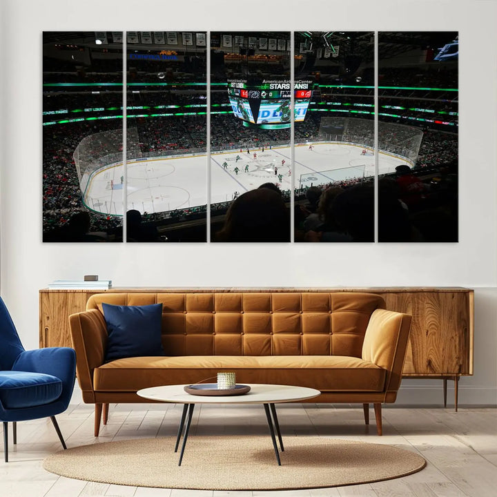 The American Airlines Center Dallas Stars Wall Art Canvas Print brings a living room to life. This three-panel artwork captures the vibrant energy of a hockey game in a packed Dallas Hockey Arena Stadium. Crafted on museum-quality canvas, its high-resolution printing vividly portrays the scene and is ready to hang, instantly infusing excitement and elegance into your space.