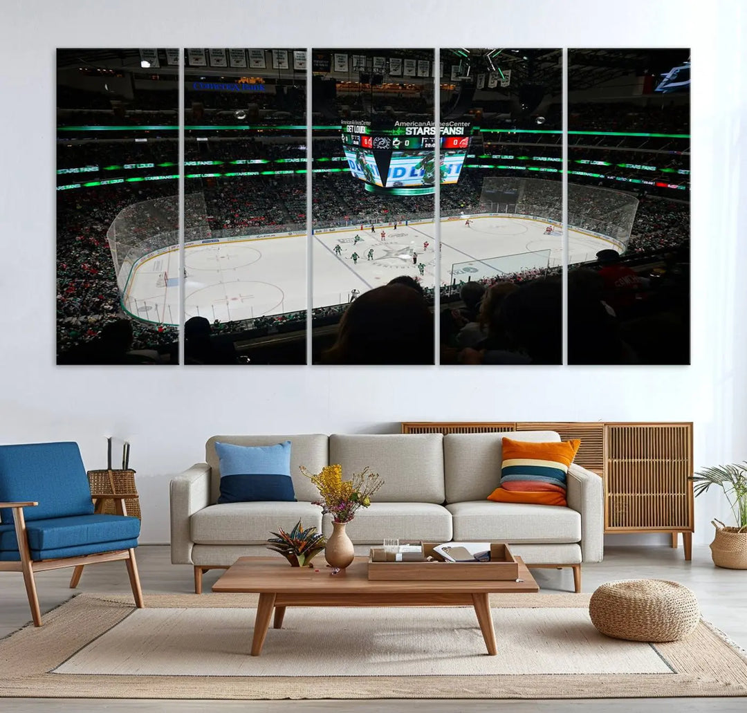 The American Airlines Center Dallas Stars Wall Art Canvas Print brings a living room to life. This three-panel artwork captures the vibrant energy of a hockey game in a packed Dallas Hockey Arena Stadium. Crafted on museum-quality canvas, its high-resolution printing vividly portrays the scene and is ready to hang, instantly infusing excitement and elegance into your space.