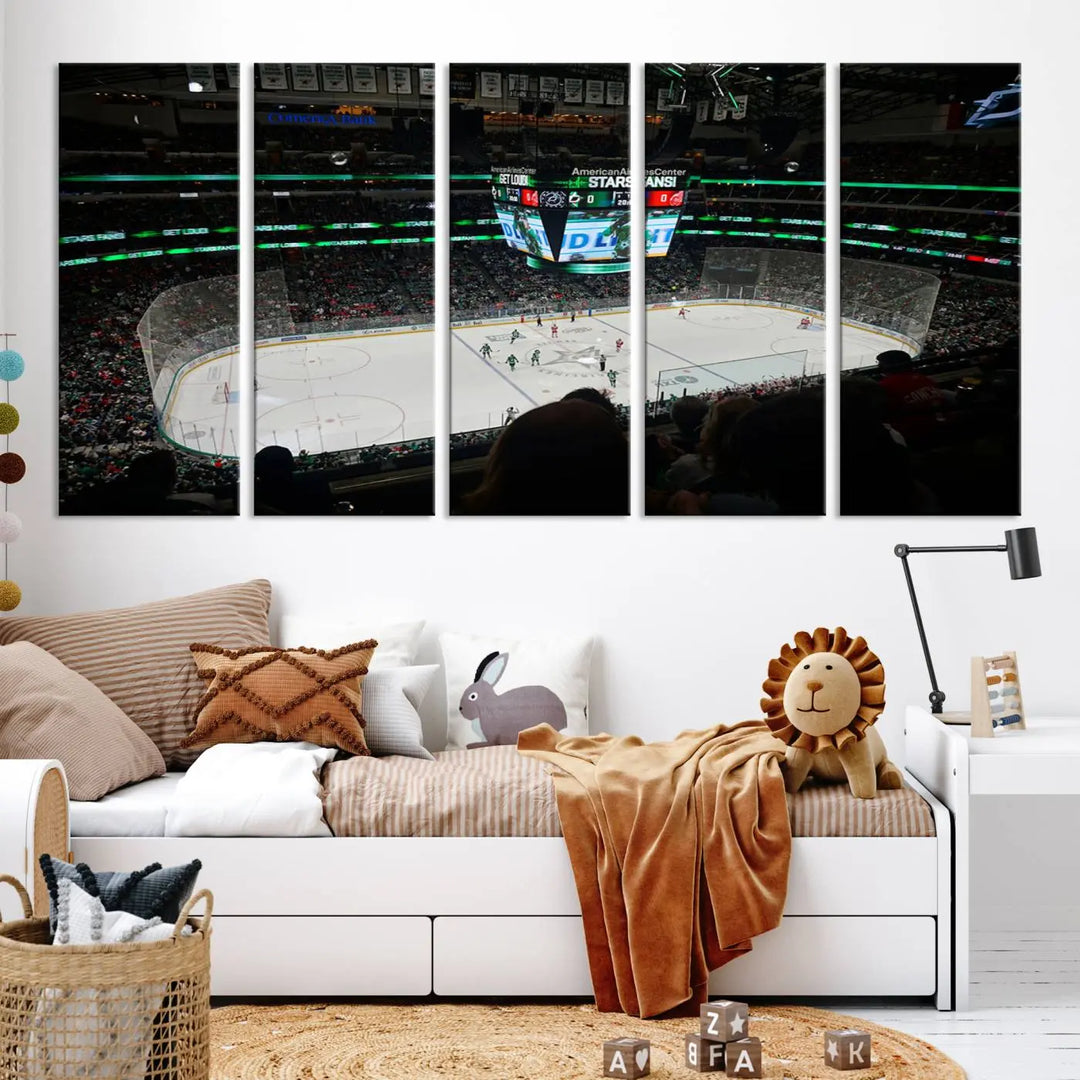 The American Airlines Center Dallas Stars Wall Art Canvas Print brings a living room to life. This three-panel artwork captures the vibrant energy of a hockey game in a packed Dallas Hockey Arena Stadium. Crafted on museum-quality canvas, its high-resolution printing vividly portrays the scene and is ready to hang, instantly infusing excitement and elegance into your space.