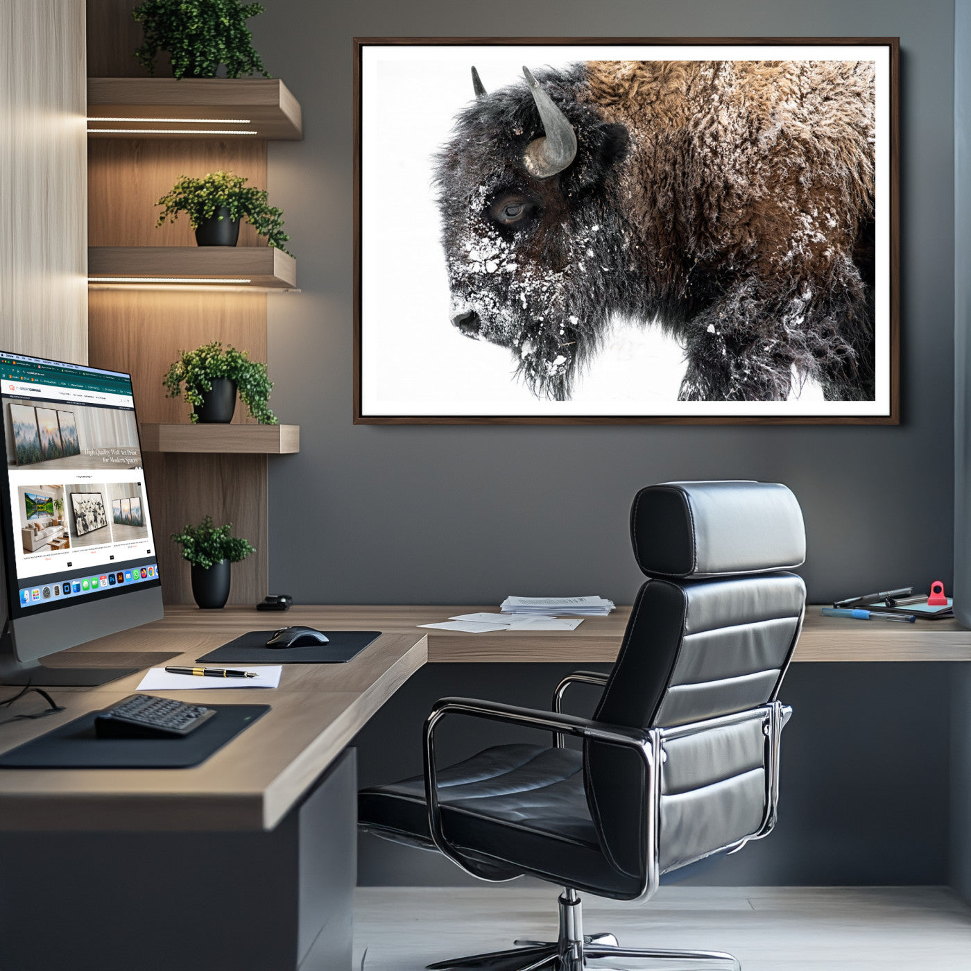 American Bison Wall Art Print | Buffalo Canvas Wall Art | Framed and Ready to Hang Bison Print for Living Room or Office