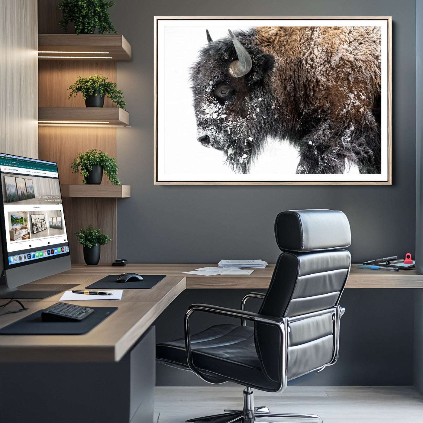 American Bison Wall Art Print | Buffalo Canvas Wall Art | Framed and Ready to Hang Bison Print for Living Room or Office