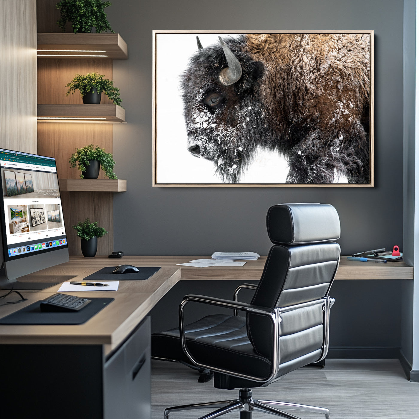 American Bison Wall Art Print | Buffalo Canvas Wall Art | Framed and Ready to Hang Bison Print for Living Room or Office