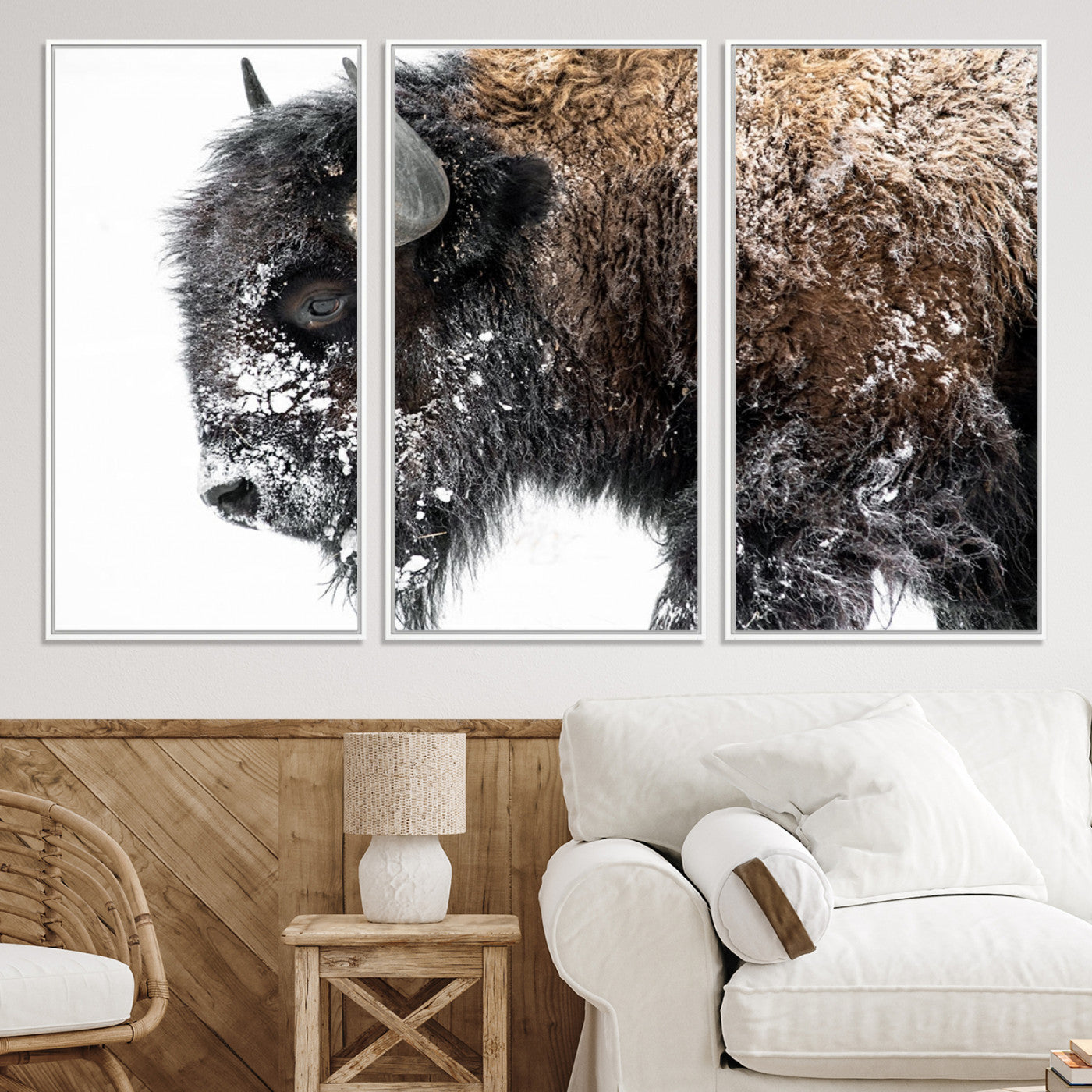 24304-MGV-FC-48X32-3P_White-American Bison Wall Art Print | Buffalo Canvas Wall Art | Framed and Ready to Hang Bison Print for Living Room or Office