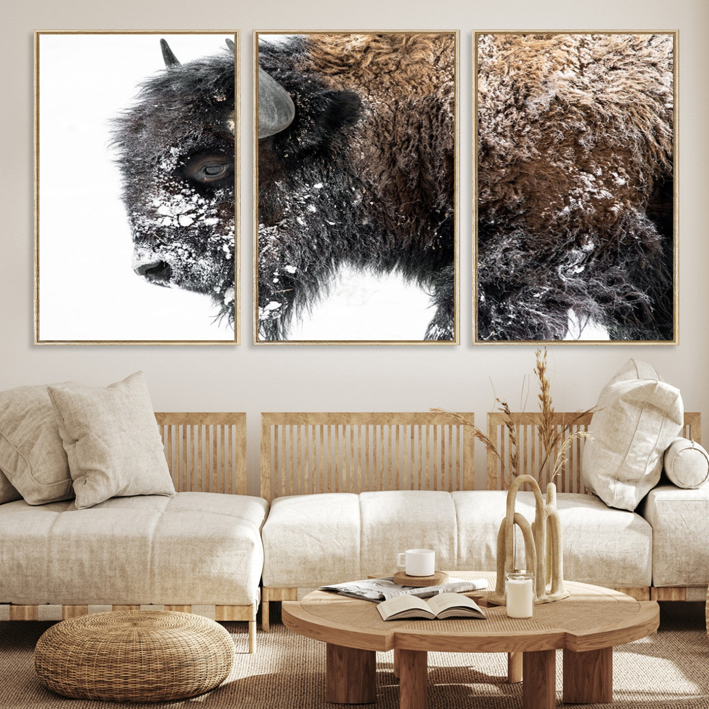 24304-MGV-FC-60X30-3P_Natural-American Bison Wall Art Print | Buffalo Canvas Wall Art | Framed and Ready to Hang Bison Print for Living Room or Office
