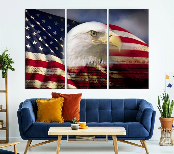 A canvas print of the American Flag Eagle Symbol, featuring a bald eagle with the American flag and printed on museum-quality canvas for high-resolution brilliance, is displayed.