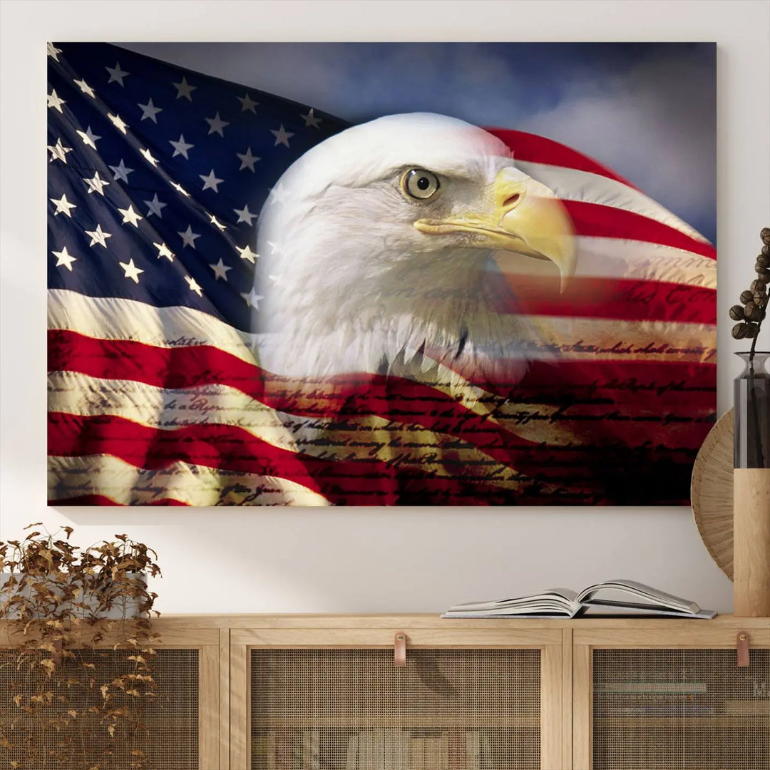 A canvas print of the American Flag Eagle Symbol, featuring a bald eagle with the American flag and printed on museum-quality canvas for high-resolution brilliance, is displayed.