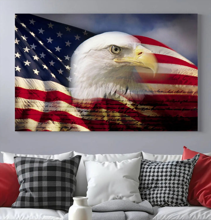 A canvas print of the American Flag Eagle Symbol, featuring a bald eagle with the American flag and printed on museum-quality canvas for high-resolution brilliance, is displayed.