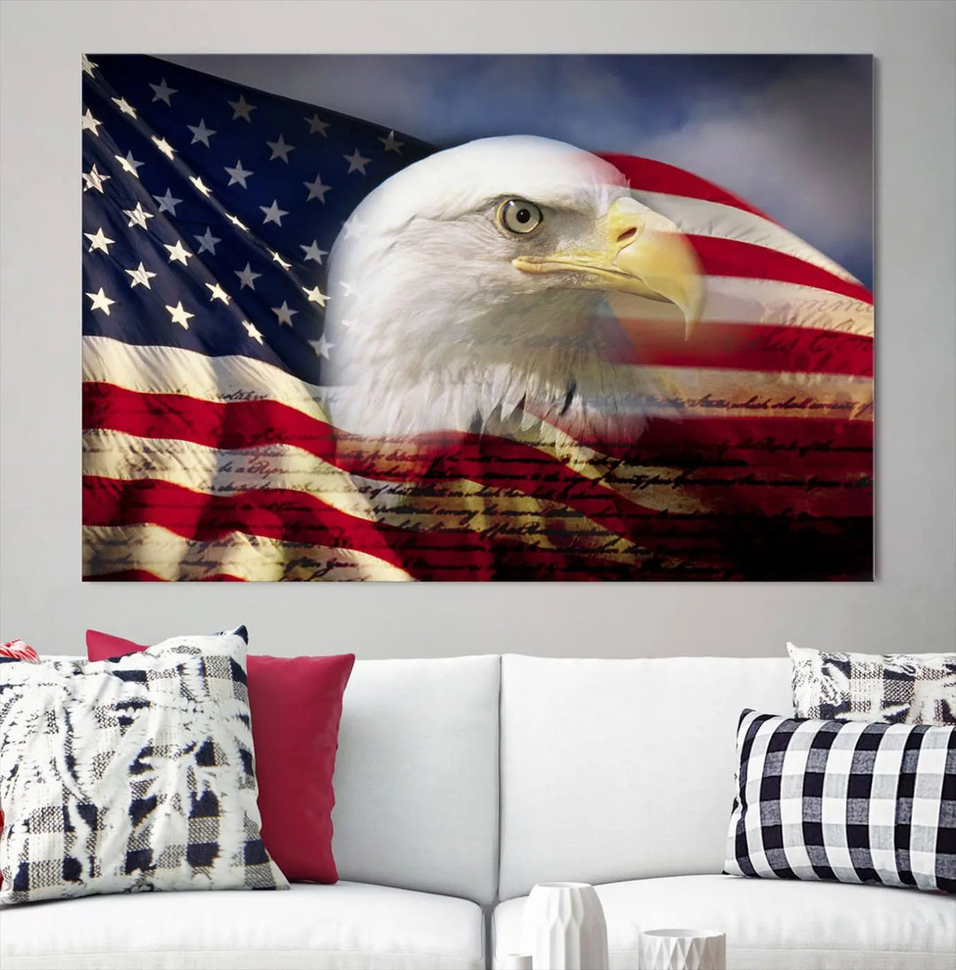 A canvas print of the American Flag Eagle Symbol, featuring a bald eagle with the American flag and printed on museum-quality canvas for high-resolution brilliance, is displayed.