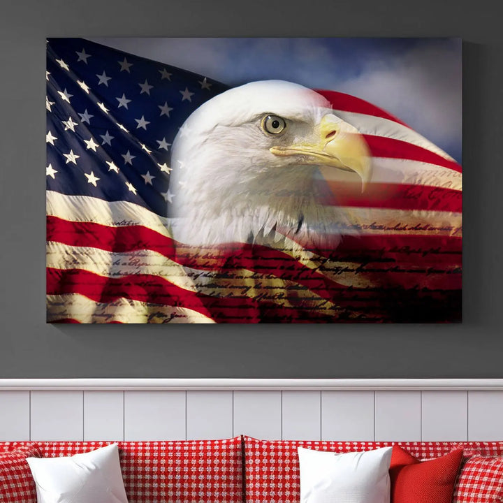 A canvas print of the American Flag Eagle Symbol, featuring a bald eagle with the American flag and printed on museum-quality canvas for high-resolution brilliance, is displayed.