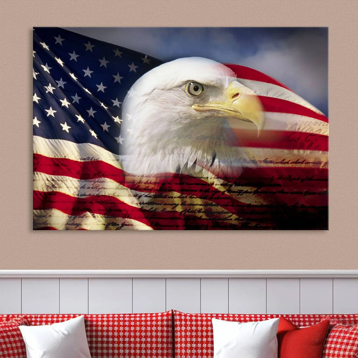 A canvas print of the American Flag Eagle Symbol, featuring a bald eagle with the American flag and printed on museum-quality canvas for high-resolution brilliance, is displayed.