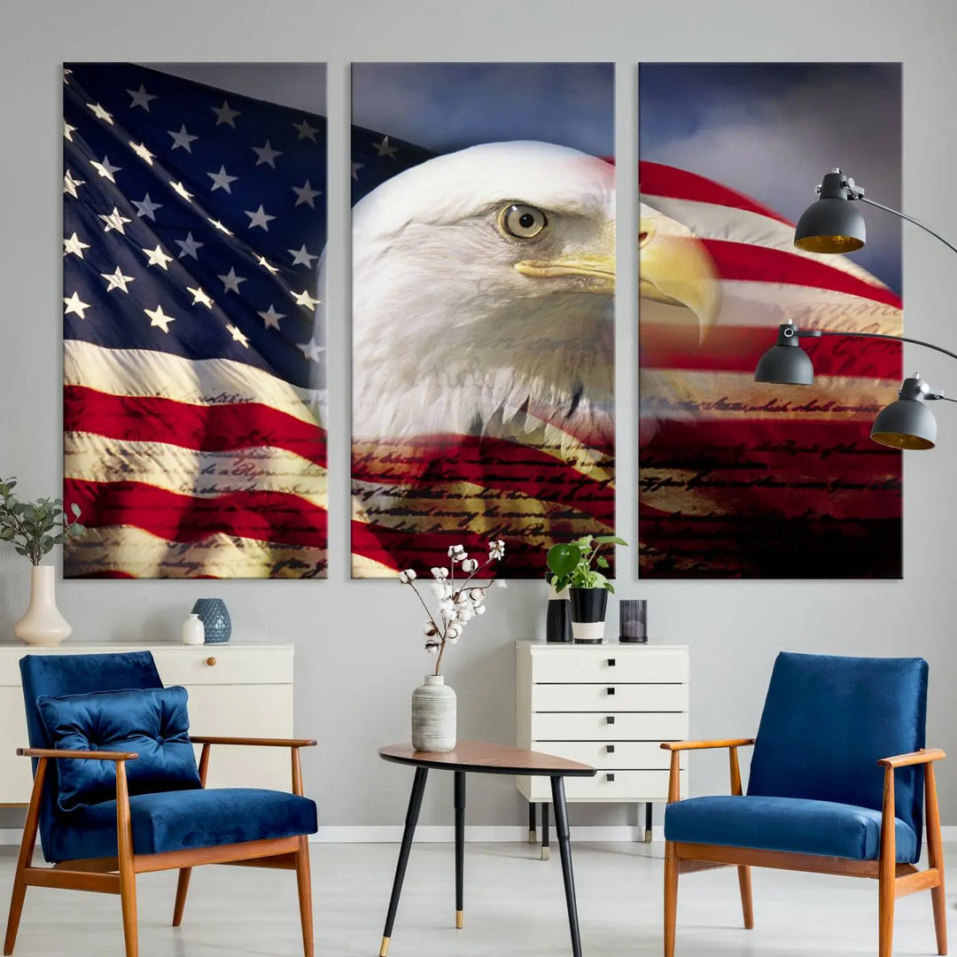 A canvas print of the American Flag Eagle Symbol, featuring a bald eagle with the American flag and printed on museum-quality canvas for high-resolution brilliance, is displayed.