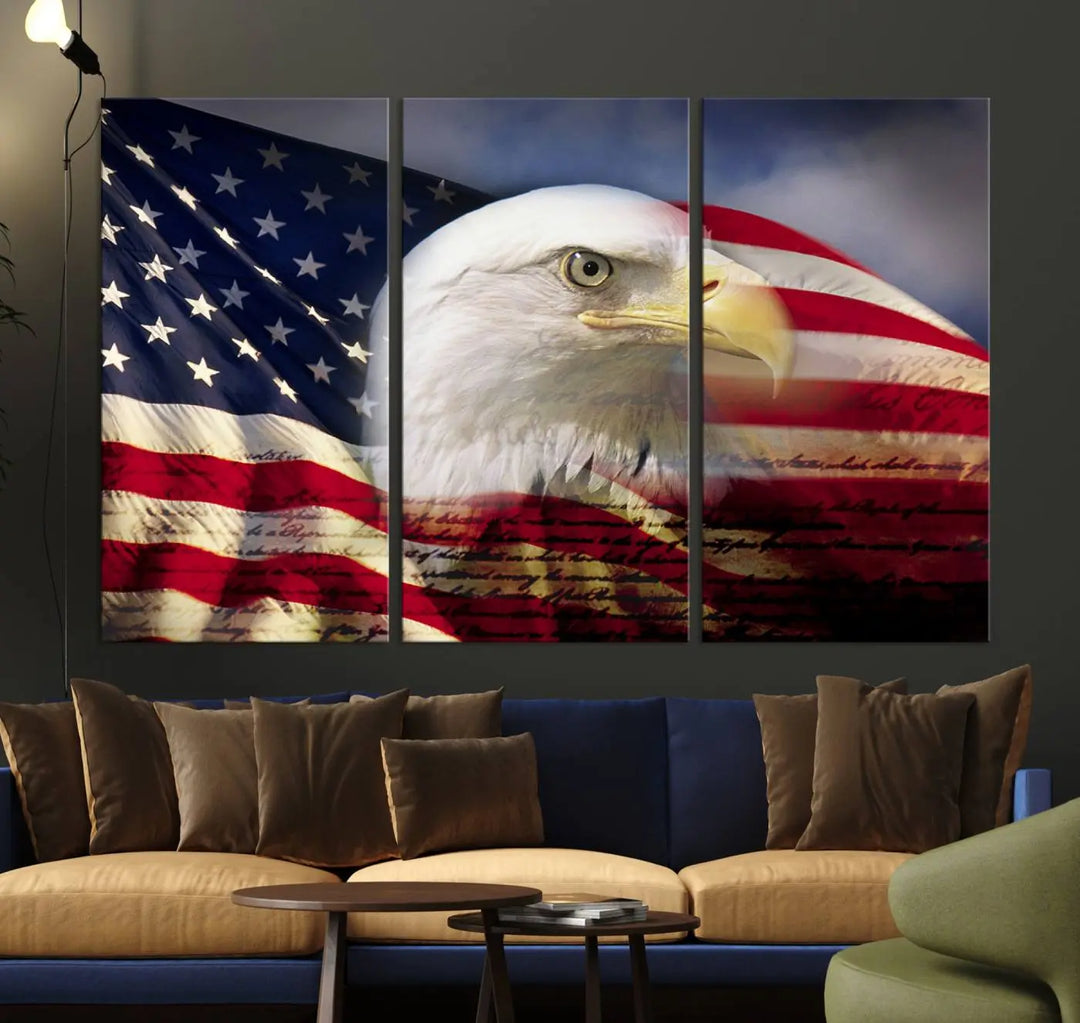 A canvas print of the American Flag Eagle Symbol, featuring a bald eagle with the American flag and printed on museum-quality canvas for high-resolution brilliance, is displayed.