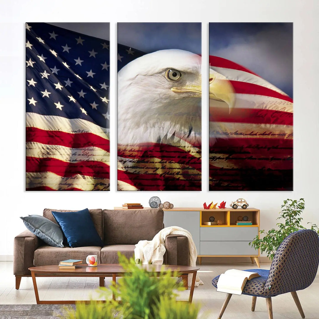 A canvas print of the American Flag Eagle Symbol, featuring a bald eagle with the American flag and printed on museum-quality canvas for high-resolution brilliance, is displayed.