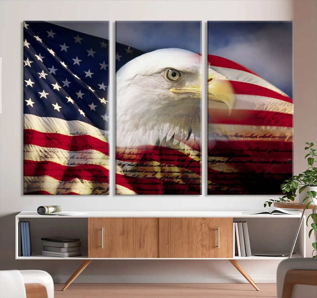 A canvas print of the American Flag Eagle Symbol, featuring a bald eagle with the American flag and printed on museum-quality canvas for high-resolution brilliance, is displayed.