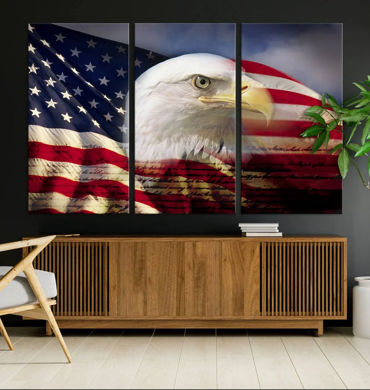 A canvas print of the American Flag Eagle Symbol, featuring a bald eagle with the American flag and printed on museum-quality canvas for high-resolution brilliance, is displayed.