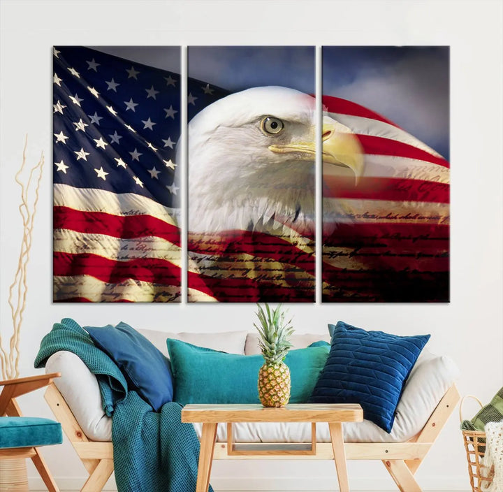 A canvas print of the American Flag Eagle Symbol, featuring a bald eagle with the American flag and printed on museum-quality canvas for high-resolution brilliance, is displayed.